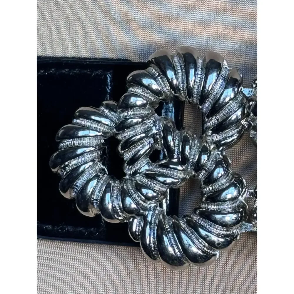 Vintage‎ Black Stretch Statement Belt Silver Rope Buckle 80s 90s Waist Cinch Art